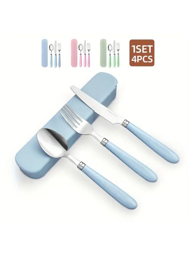 Blue 3 Piece Stainless Steel Utensil Set Portable Fork Spoon Camping Steak Tool - Image 2